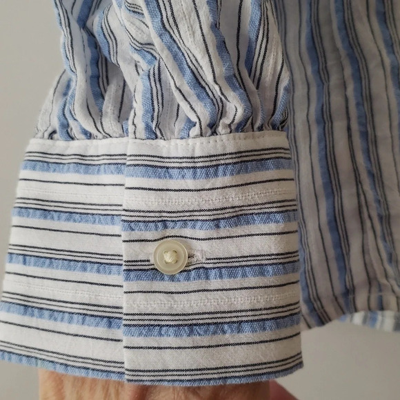 Loft Blouse Blue White Stripes Women  Long Sleeve Cottage Prairie Minimalist Lg - Picture 4 of 13